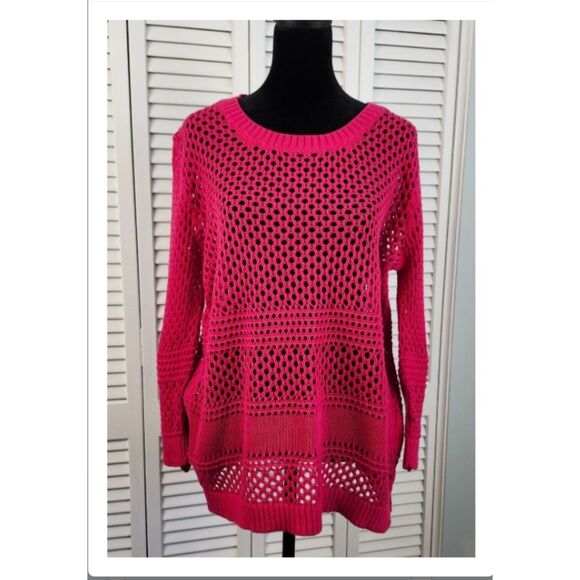 Jaclyn Smith XXL Hot Pink Open Knit Sweater Mesh Stretch Sheer Beachy Cover - Picture 1 of 12